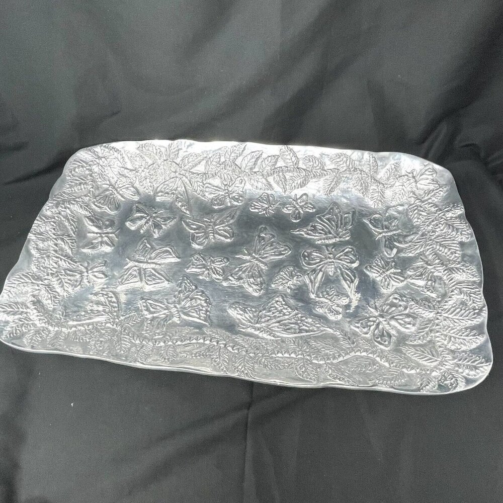 GOLAN INDUSTRIAS Handmade in Mexico Hammered Aluminum Tray Large Butterflies Vtg